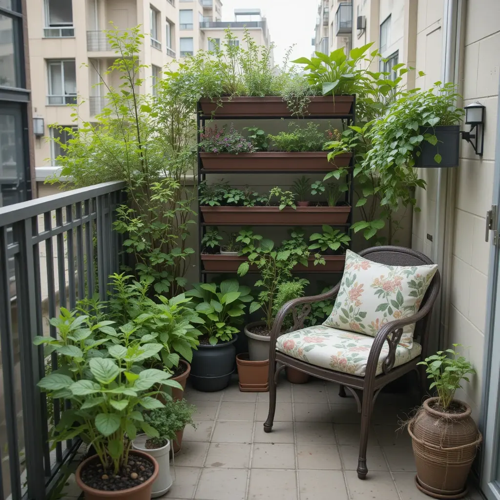 A compact balcony or rooftop with well-arranged planters and small potted herbs.