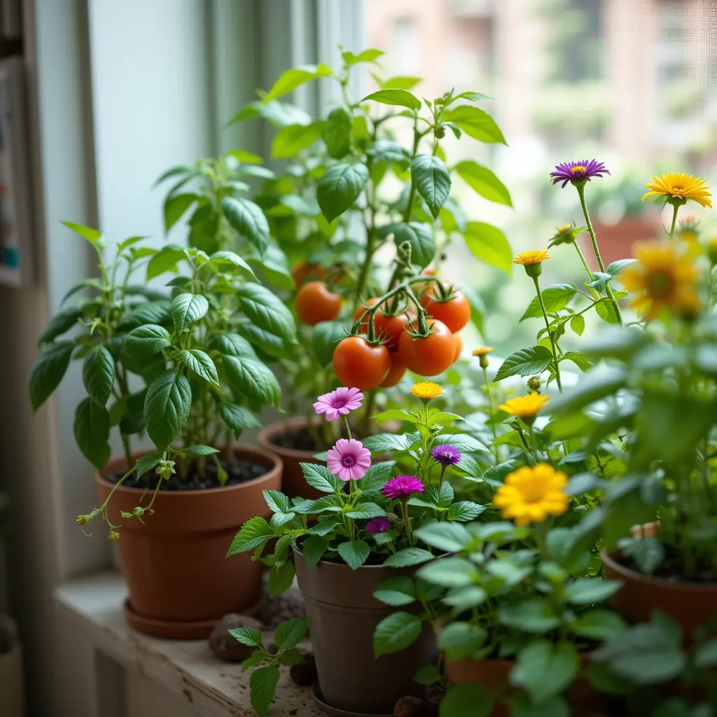 A close-up of different herbs (basil, mint), vegetables (cherry tomatoes), and flowers in small containers.