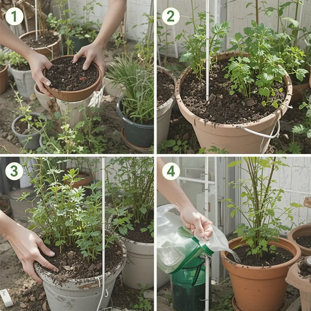 A person preparing containers, adding soil, planting herbs, and watering the plants.