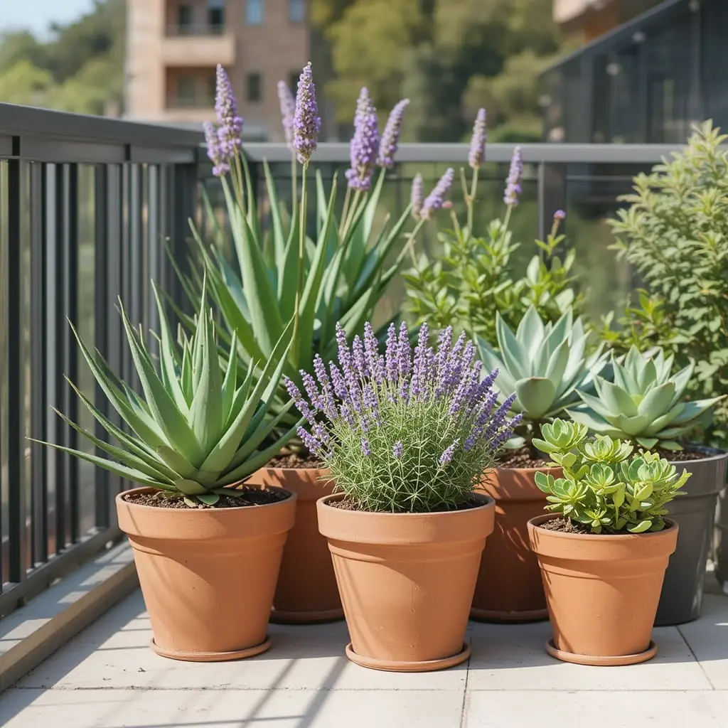A small balcony or garden setup with Aloe Vera, Lavender, and Jade Plant in terracotta pots.