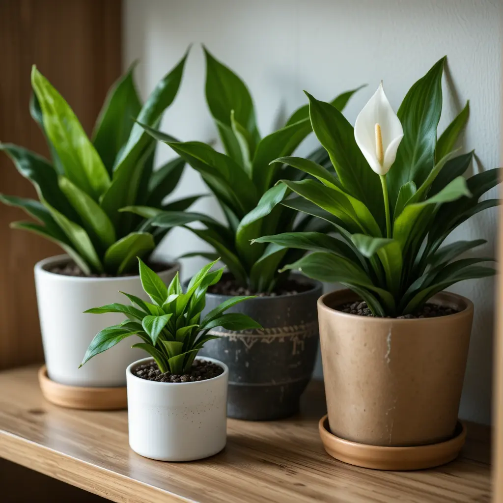 A desk or shelf with Snake Plant, Pothos, Peace Lily, and Spider Plant.