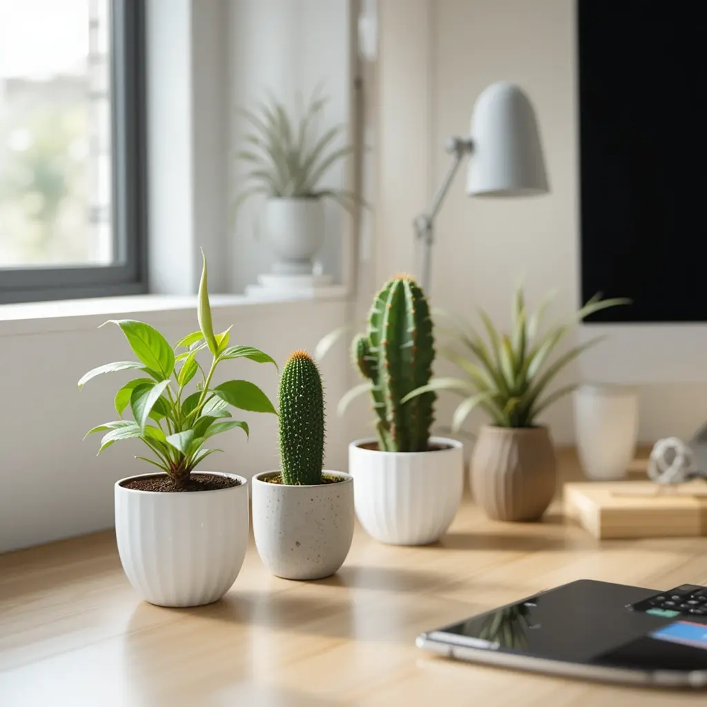 A modern office desk with a Pothos, Cactus, and ZZ Plant in minimalist pots.