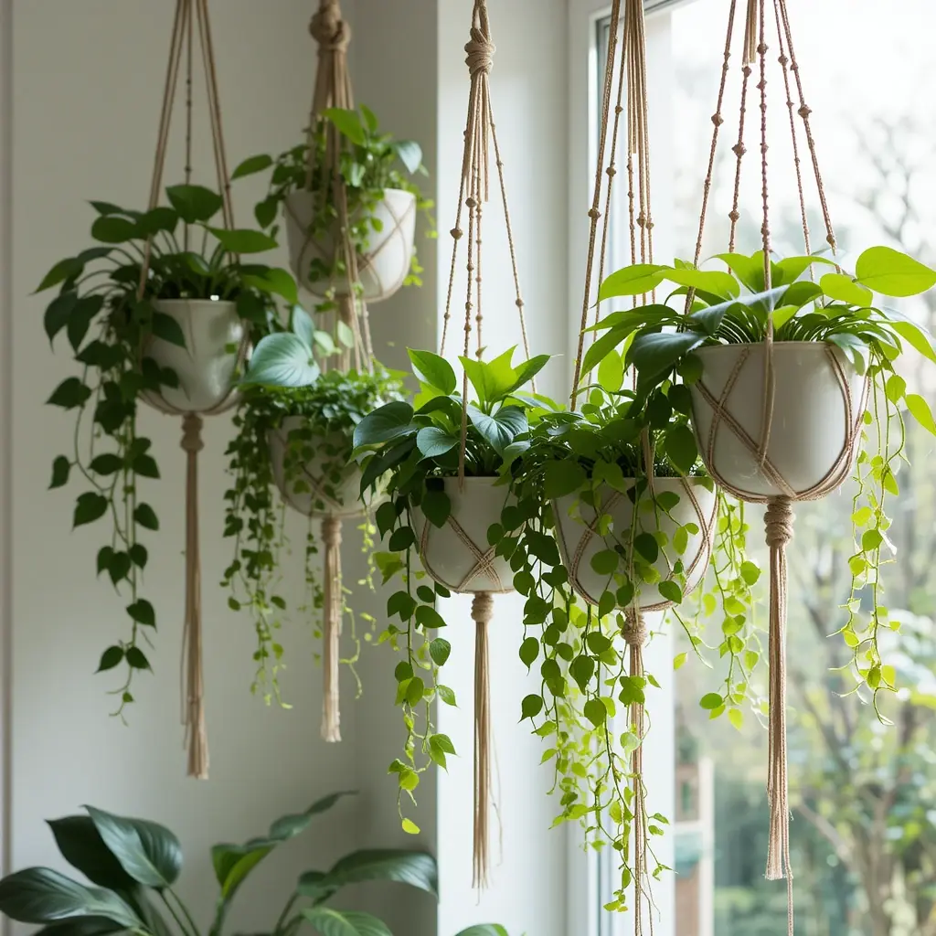 Stylish indoor hanging planters with pothos and spider plants near a bright window.