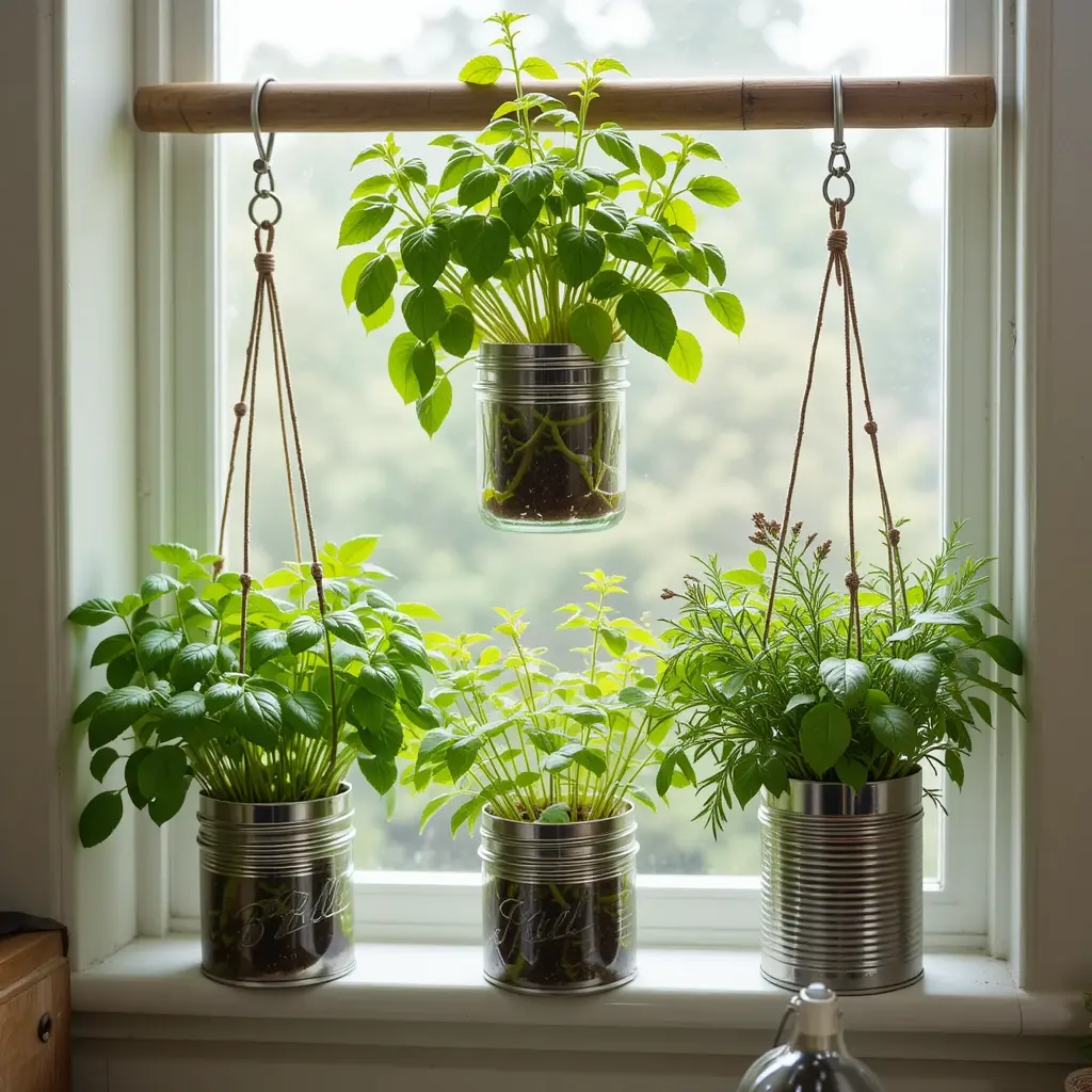 DIY kitchen hanging planters with fresh basil and mint in mason jars.