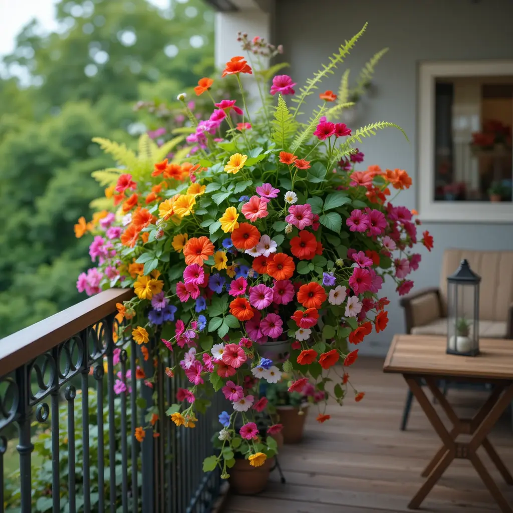 Beautiful balcony garden with colorful hanging flowers and a cozy seating area