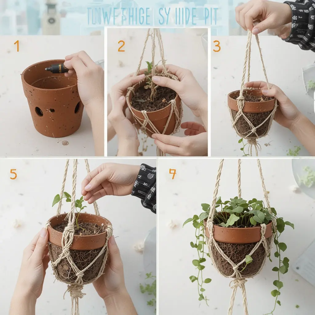 Step-by-step guide to making a DIY hanging planter using macrame rope and recycled pots.