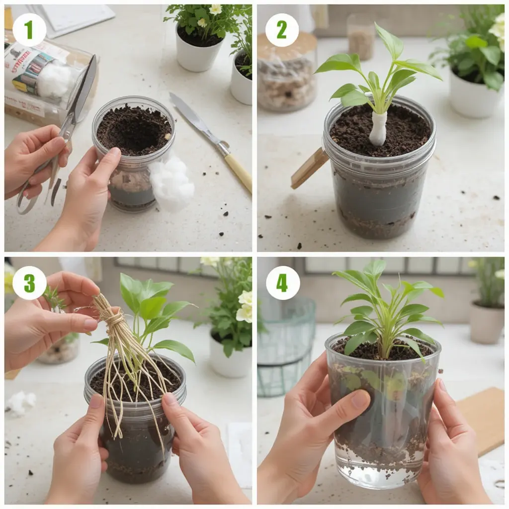 Step-by-step process to make a self-watering pot at home.