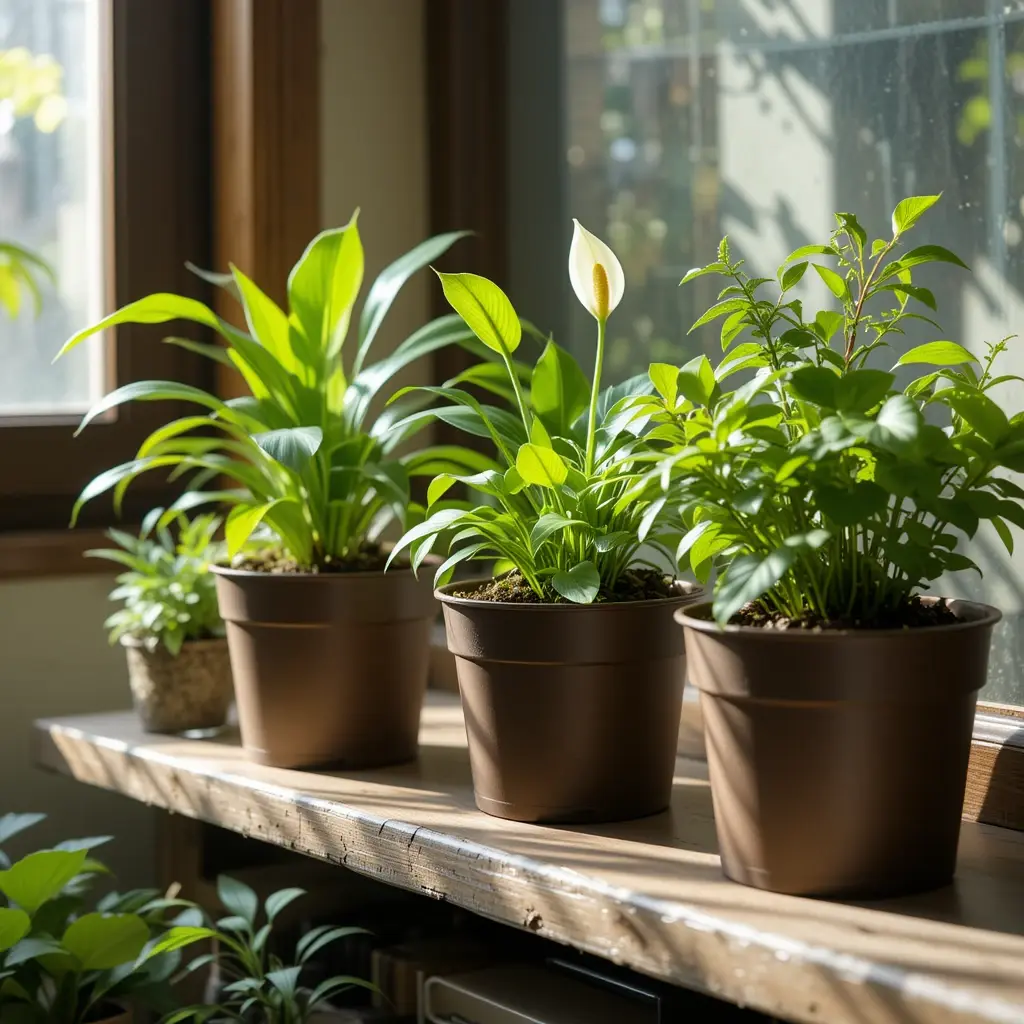 Indoor garden with self-watering planters for easy plant care.