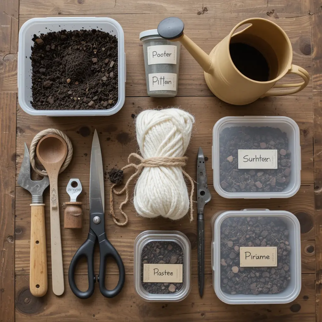 DIY self-watering pot tools and supplies flat lay.