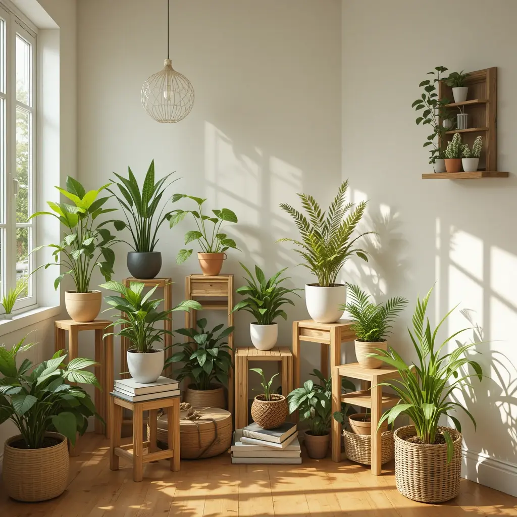 Indoor houseplants placed on creative plant stand alternatives like crates, books, and baskets in a cozy apartment setup