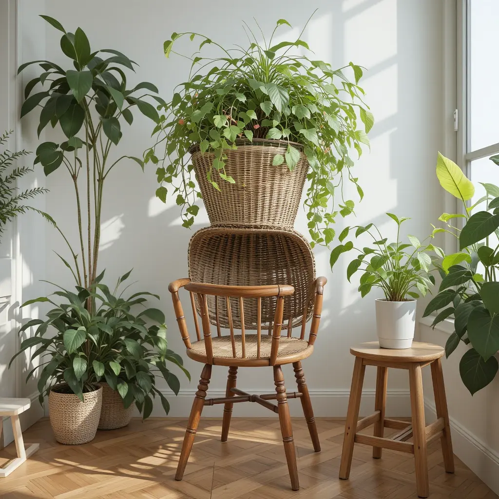 Budget-friendly plant stand options like old chairs, baskets, and stools used for displaying indoor plants 
