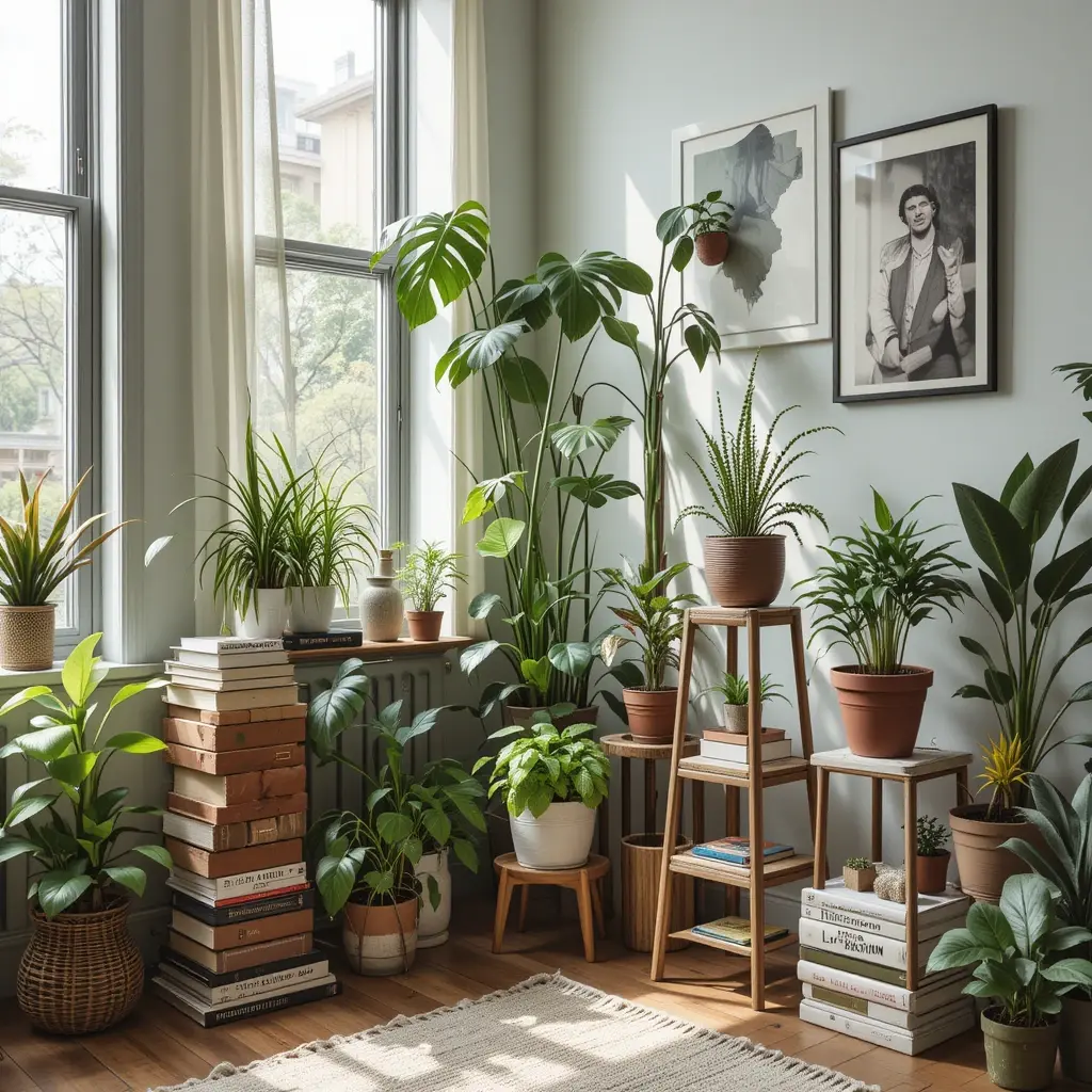 Stylish indoor garden setup using plant stand alternatives like bricks, side tables, and reused furniture 