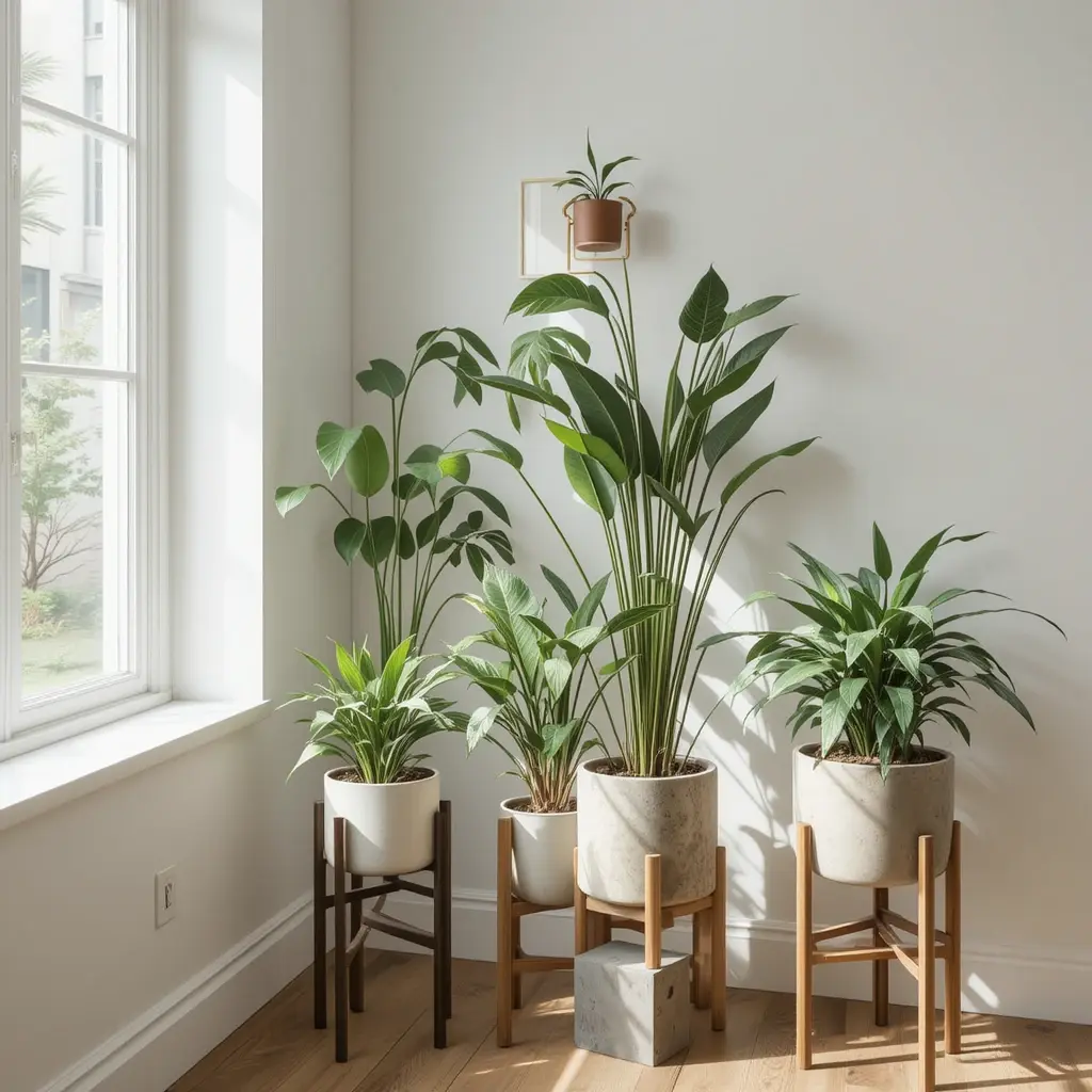 Indoor plant display showing the best materials to build a plant stand, including wood, metal, bamboo, and concrete.