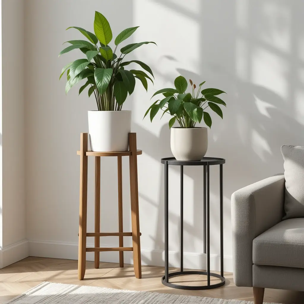 DIY plant stands made from wood and metal materials placed in a modern home setup.