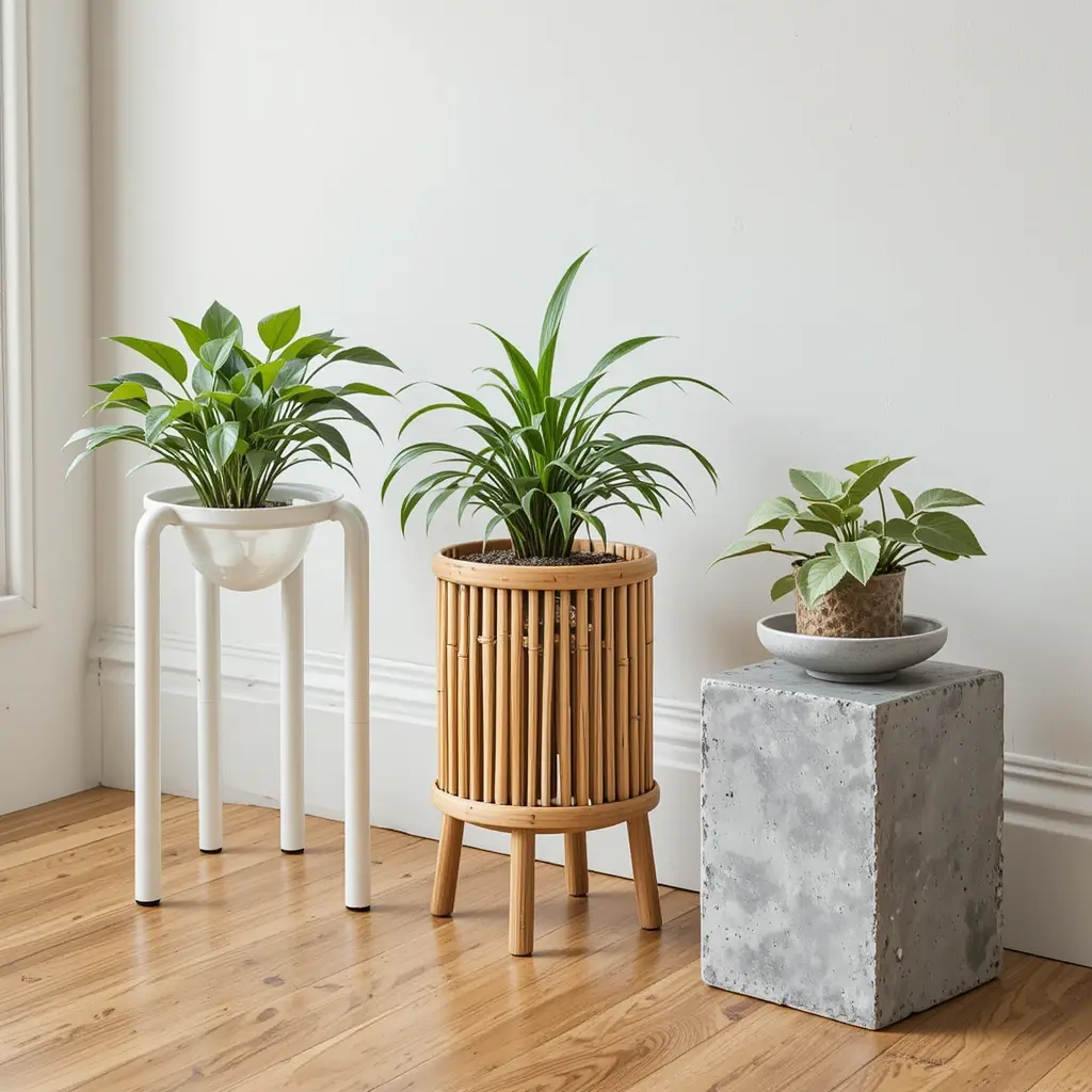 Budget-friendly plant stands built from PVC pipe, bamboo, and concrete blocks.