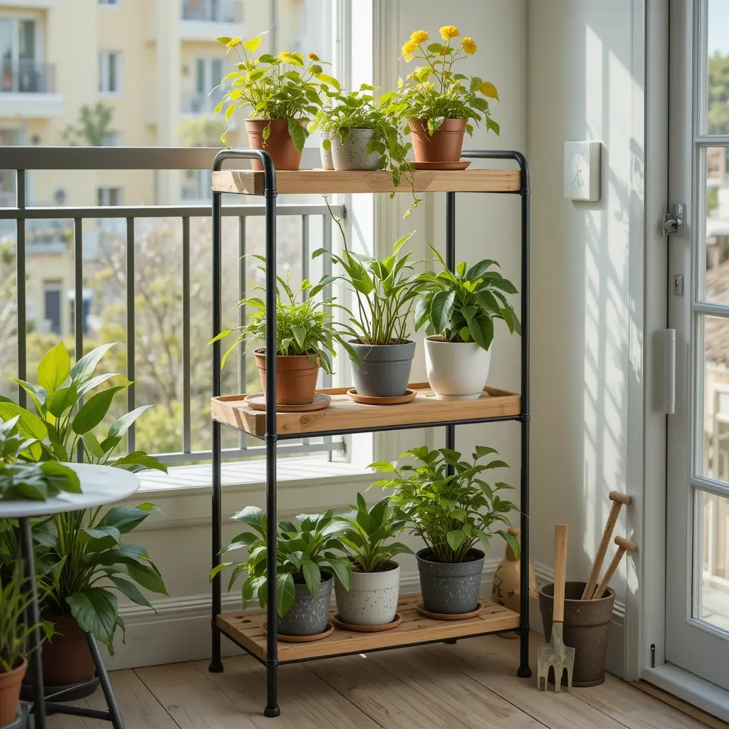A handmade plant stand combining wood and metal materials for indoor plants.